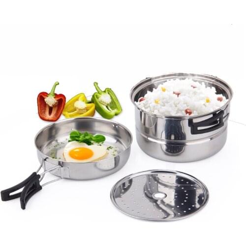 Stainless steel outdoor camping cooker outdoor 1.6L camping pot stainless steel frying pan 2-3 people camping cooker 3 sets