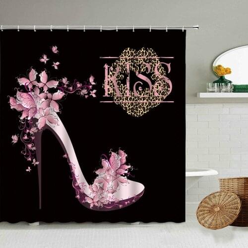 Leopard Print Lips Kiss Pink High Heel Lipstick Shower Curtain Black Background Bathroom Decoration Waterproof Polyester Screen