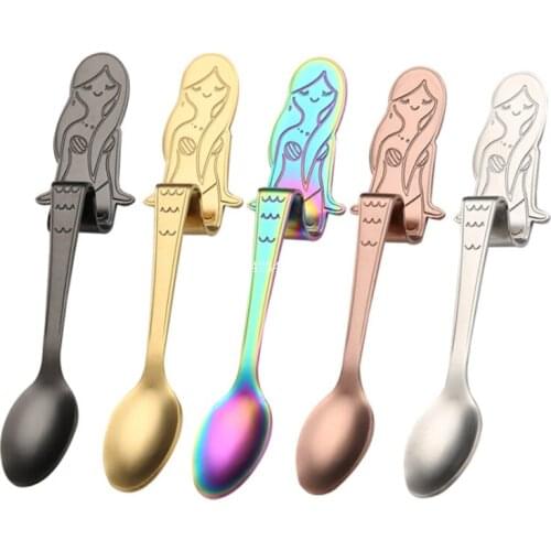 50pcs Mermaid Coffee Spoon Kitchen Bar Cafe Tableware Scoop Curved Stainless Steel Condiment Spoon Cutlery Party Favor Gift