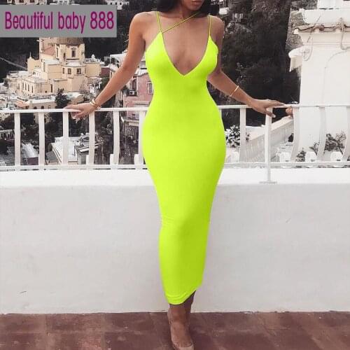 Meqeiss neon sexy club party night midi dresses women 2021 Elegant lace up Basic bodycon dresses mujer V-neck pures tretch dress