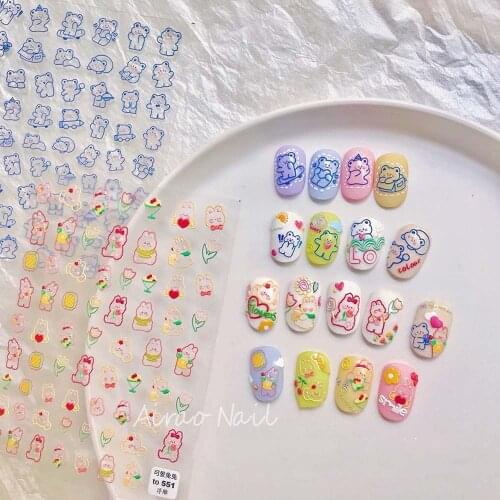 Cute Rabbit Bunny Bear Nail Sticker Japanese Cartoon Ultra-thin Flower Self-Adhesive DIY Nail Art Decoration Accessories