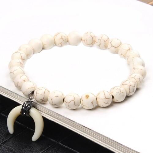 Fashion Natural Stone Round Bead Horn Pendant Charm Bracelet Turquoises Rose pink quartz Male Female Bracelet Attractive Jewelry