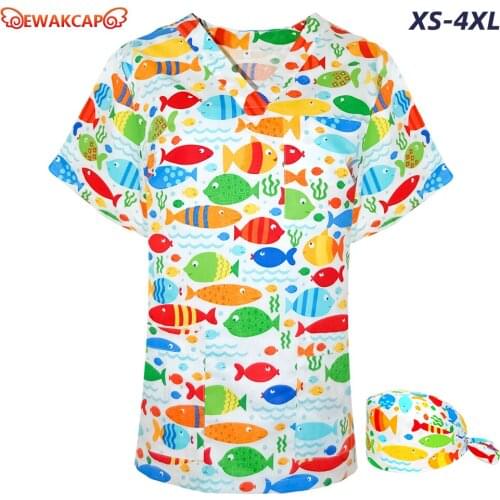 Fashion medical scrub top for nurse doctor short sleeves blouse cotton fish printed clinic hospital uniform scrub tops V-neck