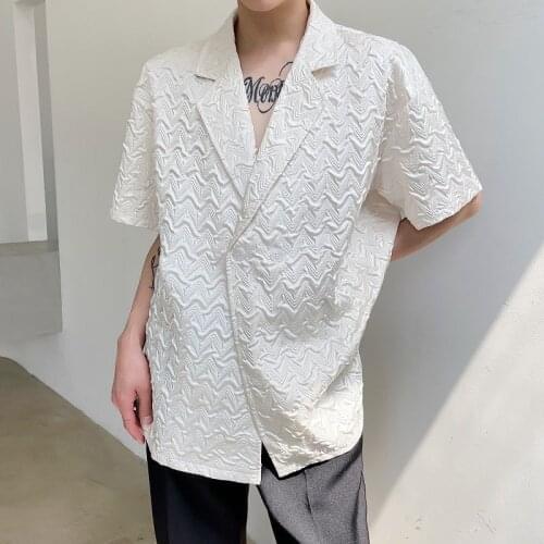 Mens Clothing 2021 Pleated Fashion Blazer Masculino Summer New Relief Cool Wind Lapel Short Sleeve Shirt White Loose Couples