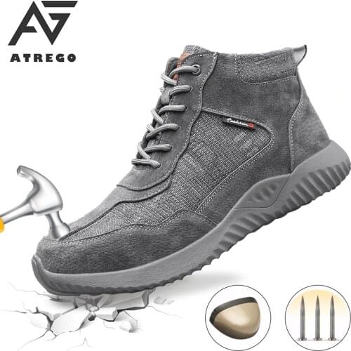 AtreGo Men Safety Canva Ankle Boots Winter Safety Shoes Steel Toe Cap Anti-Smashing Breathable Hiking Sneakers Work Shoes
