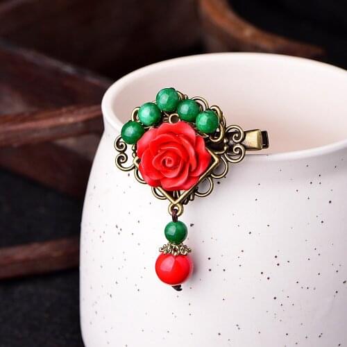 Delicate Cinnabar Synthetic Flower Bronze Color Base Bracket Hairpins Natural Red Colored Stone Beads Pendant Hair Jewelry