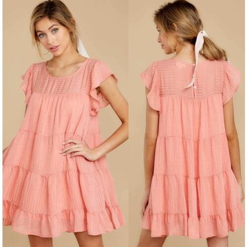 2021European and American summer Wind Womens new flying sleeves short sleeve solid color dress