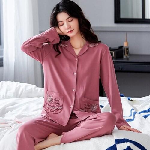 Pajamas For Women 100% Cotton Women Pajamas Sets Long Sleeves Lapel Pocket Top Pants Women Pajamas Sleepwear Plus Size XXXL