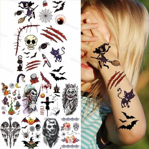 Realistic Halloween Magician Spider Temporary Tattoos For Kids Boys Clown Pumpkin Bat Tattoo Sticker Fake Arm Washable Tatoos