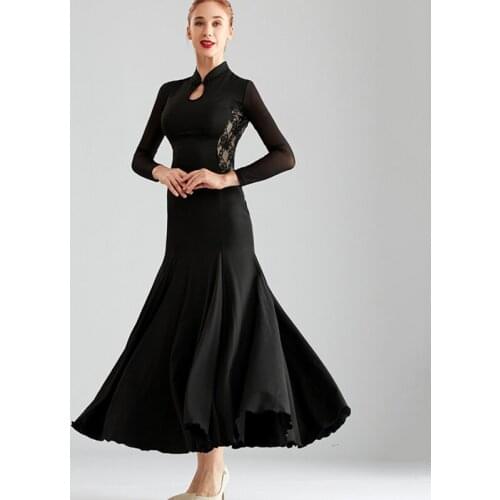 Retro modern dance practice dress women new ballroom dance dance dress black long waltz dancing dress