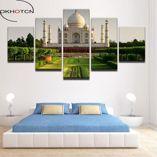 OKHOTCN Modern Decorative Canvas Art Prints 5 Panel Taj Mahal HD Poster Building Landscape Painting On The Canvas For Framed