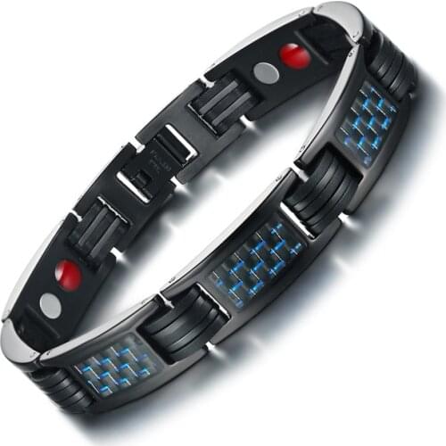 Titanium Steel Blue Carbon Fiber Magnetic Bracelet for Men Black Jewelry B00708