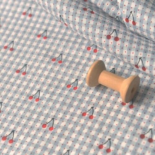 140x50cm Small Blue Checks Red Fruit Polyester Cotton Fabric, Making Cheongsam Shirt Dress Doll Clothing Tablecloth Cloth