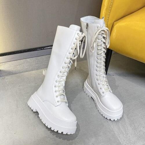 2021 Fashion Lace-Up Knee-High Boots For Women Autumn Chunky Boots White Casual Round Combat Martin Boots Platform Ladies shoes
