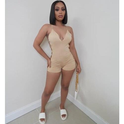 CHRLEISURE Solid Camis Rompers Women Sexy V-Neck Backless Simple Side Bandage Playsuits Female Hot One Piece Jumpsuits Women