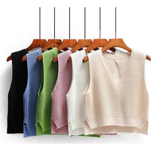 Vest Women Knitted V-neck Solid Loose Stylish Casual Korean Style Simple Side-slit Asymmetrical Womens Waistcoats All-match Top