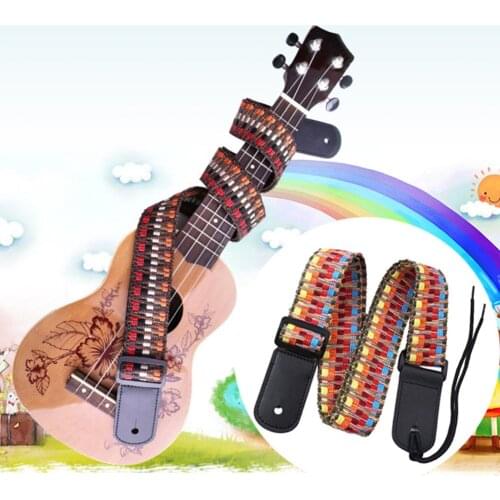 1 PC Ukulele Strap Ethnic Colorful Weaving Adjustable Cotton Faux Leather Ukulele Shoulder Strap