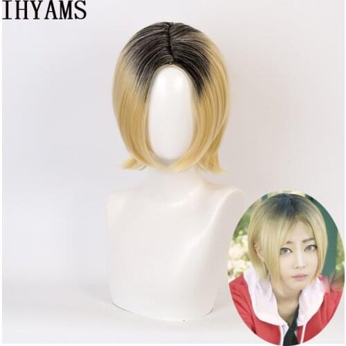 Anime Haikyuu!! Kenma Kozume Cosplay Wig short Yellow Ombre Black Synthetic Halloween Play Party Wigs Hair+wig cap