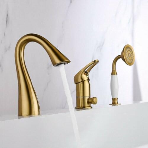 Free ship brushed GOLD 3 pieces widespread Bathroom Bath Roman Tub Filler shower Faucet W/ Hand Shower