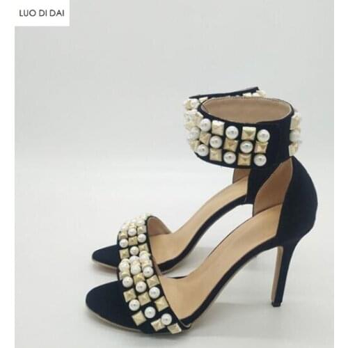 Fashion women open toe sandals black high heels party shoes gladiator sandals white pearl dress shoe gold spike stud sandals