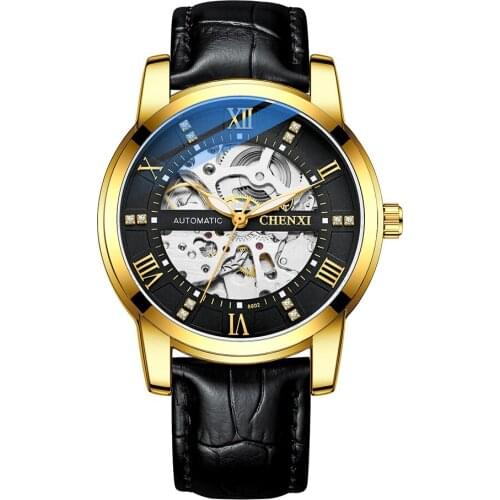 Gold Black Antique Watches for Men Automatic Mechanical Watch Man Business People Daily Casual Wear Inlaid Rhinestone Clock Dial