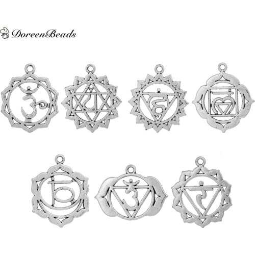 DoreenBeads Chakra Pendants Mixed silver color Hollow 3.7cm x 3.3cm(1 4/8" x1 2/8") - 3.2cm x 2.6cm(1 2/8" x1"),7 PCs/Set