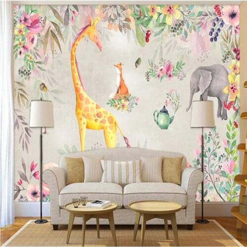 Custom wallpaper mural forest animal giraffe elephant sofa background wall interior decoration painting
