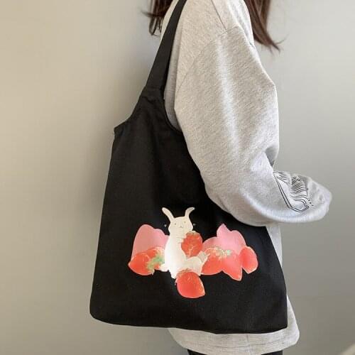 Women Canvas Shoulder Bags Janpannese Cute Rabbit Cartoon Shopping Bags School Girls Cotton Cloth Eco Handbag Tote Black White