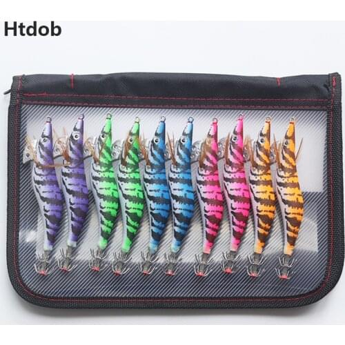 Htdob 10Pcs Artificial Squid Jigs lures Wood Shrimp Fishing Bait 12cm 3.0# Octopus Cuttlefish Lures with Storage Box