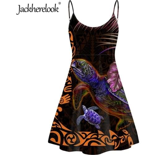 Jackherelook Vintage Samoa Turtle Printed Women Sling Dress Strappy Summer Holiday Beach Sundress Casual Ladies Sleeveless Dress