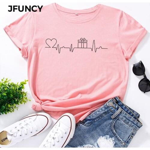 JFUNCY 100% Cotton Womens T-shirt ECG Heart Gift Print Female T Shirt Woman Tops Plus Size Short Sleeve Casual Graphic Tees