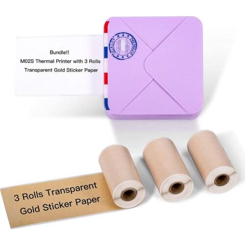 Phomemo M02S Pocket Thermal Printer- Bluetooth Photo Printer with 3 Rolls Transparent Gold Paper, Compatible with iOS + Android
