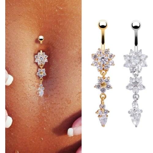 MODRSA 1Piece Sexy Dangle Belly Bars Belly Button Rings Stainless Steel Crystal Flower Navel Rings Body Jewelry Piercing ombligo
