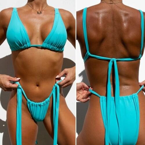 Hot kf-Ladies Bikini Straps Adjustable Solid Color Bikini Suit Swimsuit Blue