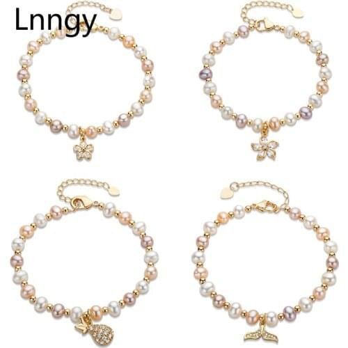 Lnngy 14K Gold Filled Chain Bracelet 5-5.5mm Natural Freshwater White Purple Pink Oval Pearls Charm Bracelet Women Jewelry Gifts