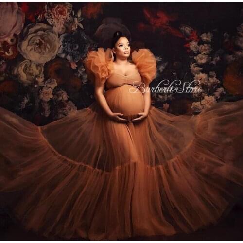 Fashion Orange Tulle Ruffles Maternity Women Dresses Sexy See Thru Long Robes To Photo Shoot Pregnancy Dress