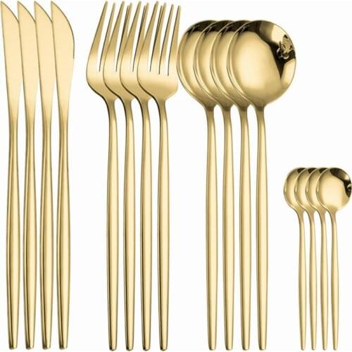 16pcs Stainless Steel Travel Cutlery Set Mirror Gold Teaspoons Table Forks Kitchen Utensils Set of Forks Spoons Knives Tableware