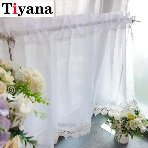 Sheer Curtains Lace Hem Half Kitchen Window Curtains Tulle Drape Rod Pocket Short White Voile Valance For Bathroom Cabinet Decor