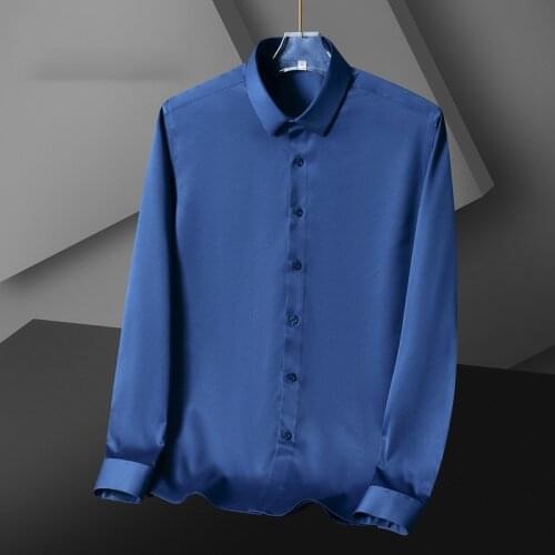 Blue Mens Dress Shirt Long Sleeve Solid Business Non-Iron Social Stretch Summer Casual Breathable Formal Shirts Men Clothing