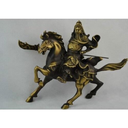 Elaborar chino hecho a mano latón viejo Guan Yu paseo en caballo suerte gran estatua