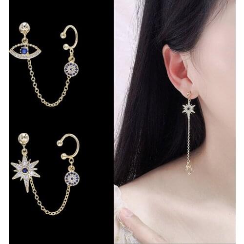 SWOUR New Fashion Jewelry Cubic Zirconia Star Design Crystal Eye Mismatched Ear Cuff Clip Chain Stud Earrings Brinco Femme S660