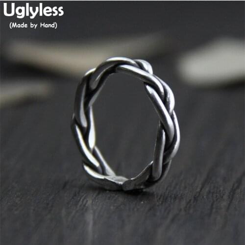 Uglyless Real S999 Thai Silver Women Handmade Twisted Finger Rings Adjustable Open Ring Vintage Ethnic Weave Texture Fine Bijoux
