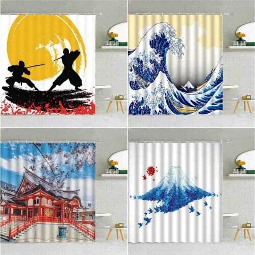 Japanese 3D Painting Shower Curtain Samurai Mount Fuji Waves Pavilion Red Sun Scenery Bathroom Decor Bath Screen Hooks Curtains