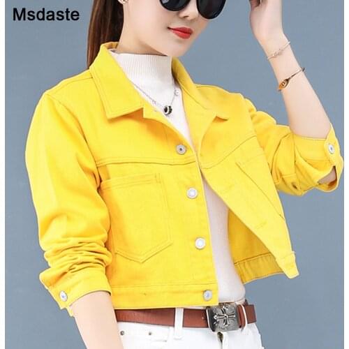 Jeans Jackets Coats For Women Autumn Female Long Sleeve New Short Jacket Pink Yellow Pockets Casual Lady Denim Coat Outerwear