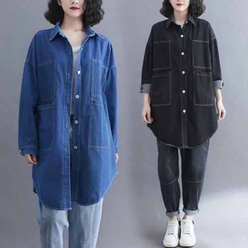 Washed Denim Coat Womens Plus Size Windbreaker Long-Sleeve Lapel Buttoned Large Pockets Stitching Mid-Length Cardigan Outerwear