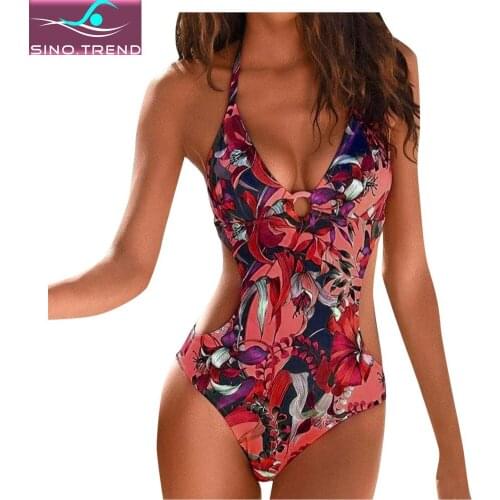 Women Lace Up Leaves Floral Print Bikinis Padded Push-up One Piece Bikini Femme Sexy Swimwear Backless 2020 Swimsuit