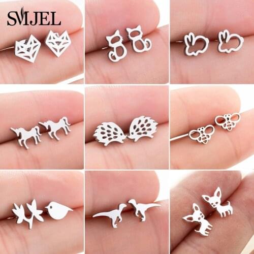 SMJEL Stainless Steel Animal Stud Earrings for Women Girls Minimalist Fox Cat Hedgehog Earings Jewelry Bee Dog Accessories Gifts