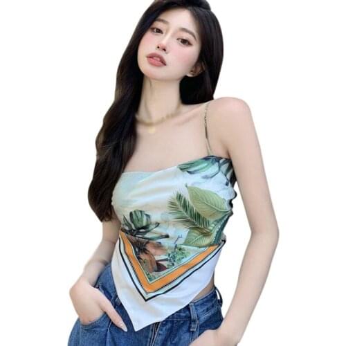 Daxin Womens Print Irregular Tank Tops Summer Boho Halter-Neck Bow Backless Slim Sexy Female Floral Holiday Style Camisole