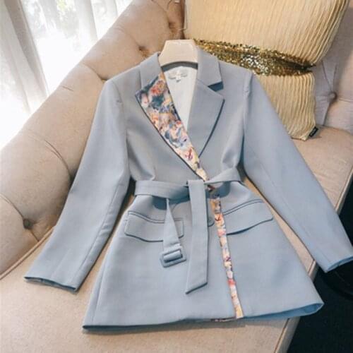 2021 New Patchwork Print Womens Blazer Coat Lapel Collar Long Sleeve Lace Up Bowknot Hit Color Loose For Female Coats Fashion