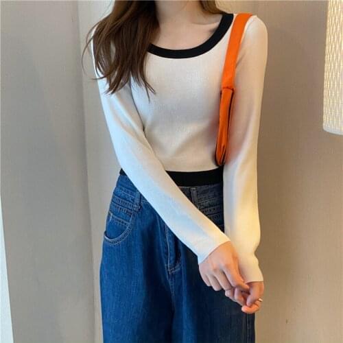 Womens Knitted Pullover O Neck Contrast Color Long Sleeves Thin Short Tops Wholesale Autumn Korean New Fashion Female Clothing
